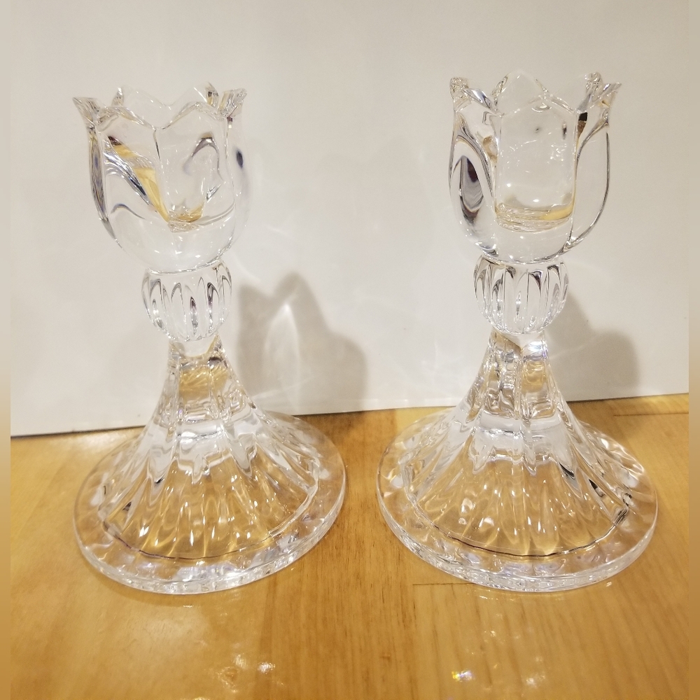Set of 2 Mikasa Candle Holders Sticks Roses Shape Ambassador Crystal Slovenia